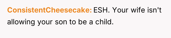 ConsistentCheesecake ESH. Your wife isn't allowing your son to be...