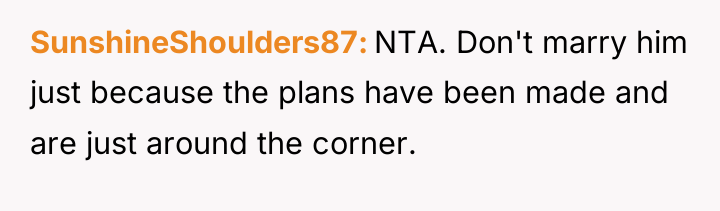 SunshineShoulders87 NTA. Don't marry him just because the plans have...