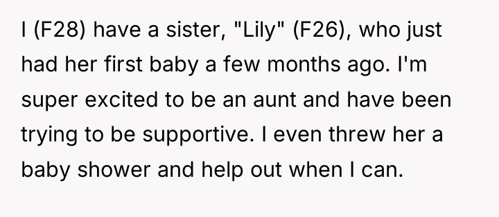 I (F28) have a sister, "Lily" (F26), who just had...