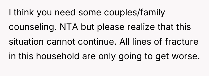 I think you need some couples/family counseling. NTA but please...