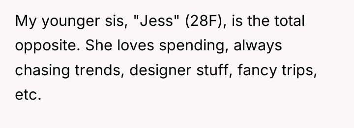 My younger sis, "Jess" (28F), is the total opposite. She...