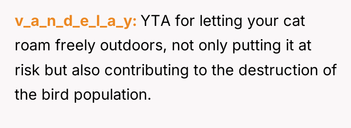 v_a_n_d_e_l_a_y YTA for letting your cat roam freely outdoors, not...
