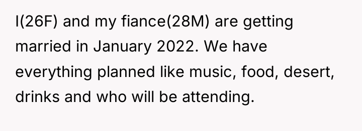 I(26F) and my fiance(28M) are getting married in January 2022....