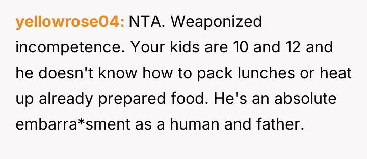 yellowrose04 NTA. Weaponized incompetence. Your kids are 10 and 12...