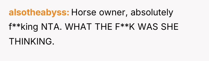 alsotheabyss Horse owner, absolutely f**king NTA. WHAT THE F**K WAS...