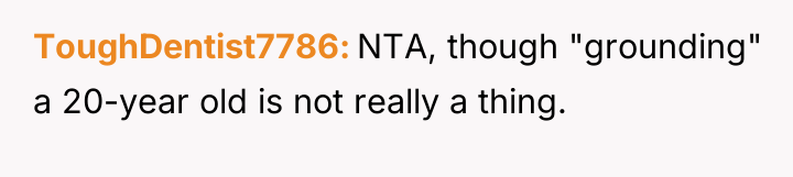 ToughDentist7786 NTA, though "grounding" a 20-year old is not really...