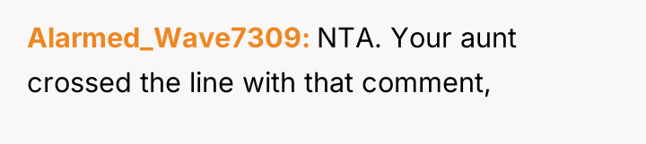 Alarmed_Wave7309 NTA. Your aunt crossed the line with that comment,