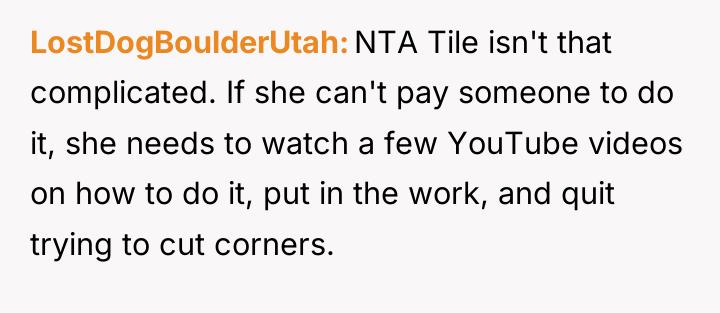 LostDogBoulderUtah NTA Tile isn't that complicated. If she can't pay...
