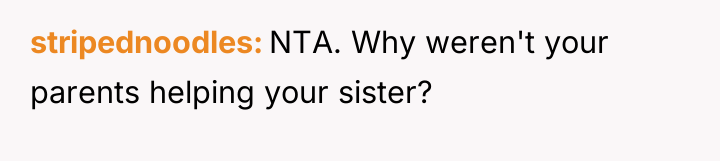 stripednoodles NTA. Why weren't your parents helping your sister?