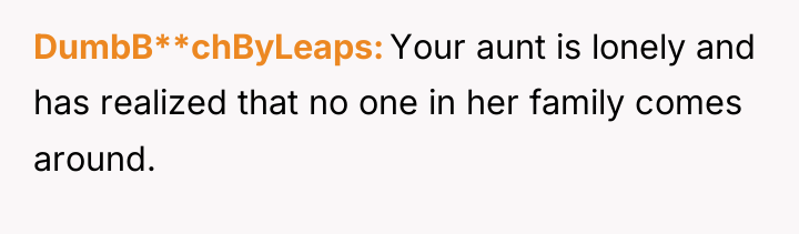 DumbB**chByLeaps Your aunt is lonely and has realized that no...