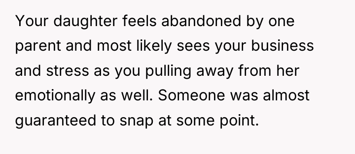 Your daughter feels abandoned by one parent and most likely...