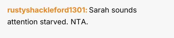 rustyshackleford1301 Sarah sounds attention starved. NTA.