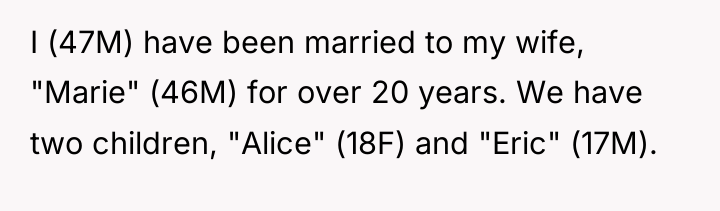 I (47M) have been married to my wife, "Marie" (46M)...