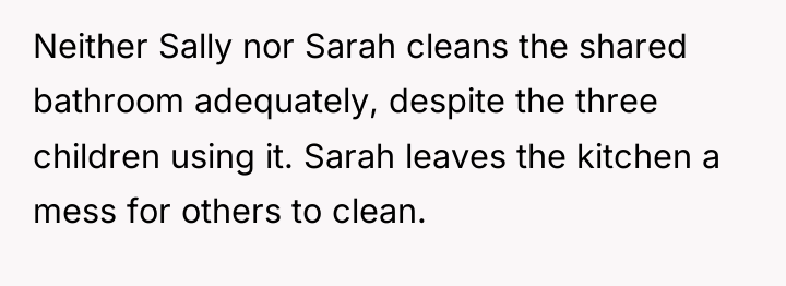 Neither Sally nor Sarah cleans the shared bathroom adequately, despite...