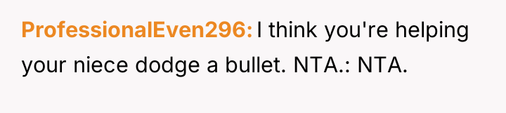 ProfessionalEven296 I think you're helping your niece dodge a bullet....