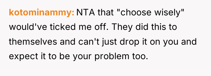 kotominammy NTA that "choose wisely" would've ticked me off. They...