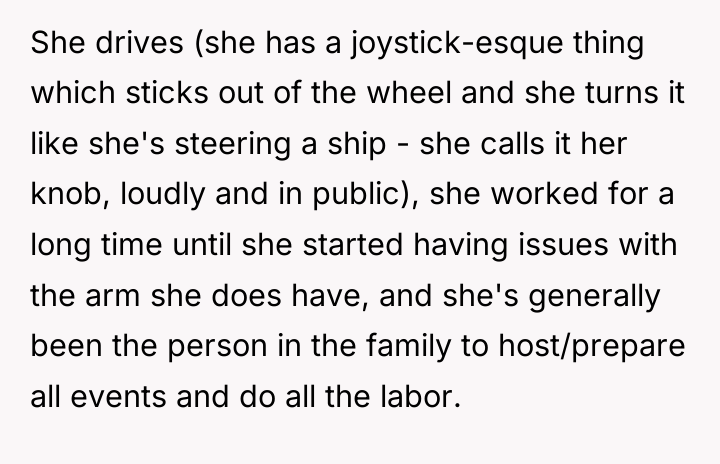 She drives (she has a joystick-esque thing which sticks out...