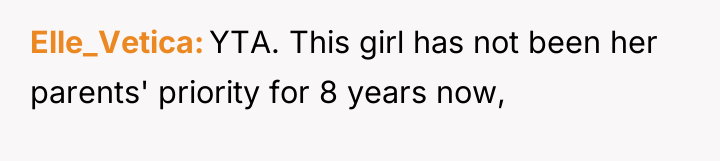 Elle_Vetica YTA. This girl has not been her parents' priority...