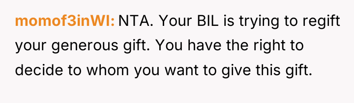 momof3inWI NTA. Your BIL is trying to regift your generous...