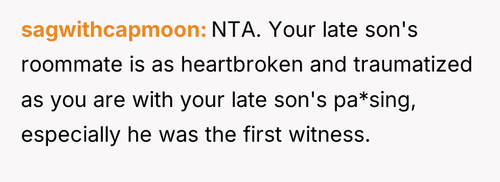 sagwithcapmoon NTA. Your late son's roommate is as heartbroken and...