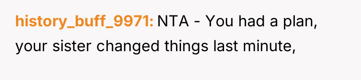 history_buff_9971 NTA - You had a plan, your sister changed...