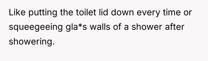 Like putting the toilet lid down every time or squeegeeing...