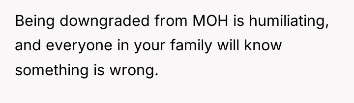 Being downgraded from MOH is humiliating, and everyone in your...