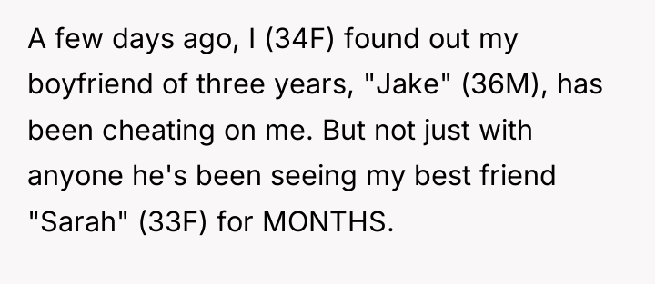 A few days ago, I (34F) found out my boyfriend...