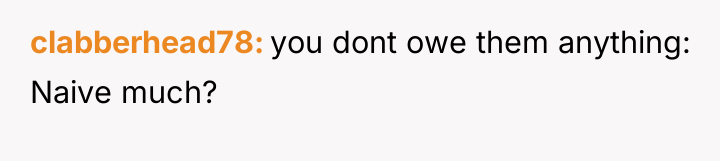 clabberhead78 you dont owe them anything: Naive much?