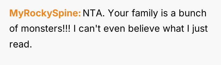 MyRockySpine NTA. Your family is a bunch of monsters!!! I...