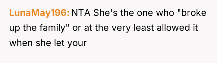 LunaMay196 NTA She's the one who "broke up the family"...