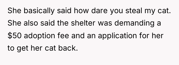 She basically said how dare you steal my cat. She...