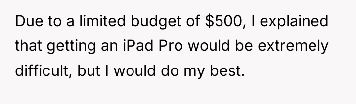 Due to a limited budget of $500, I explained that...