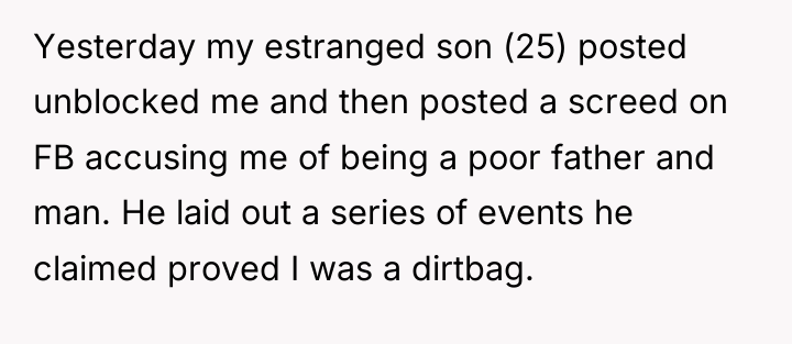 Yesterday my estranged son (25) posted unblocked me and then...