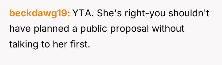 beckdawg19 YTA. She's right-you shouldn't have planned a public proposal...