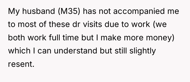 My husband (M35) has not accompanied me to most of...