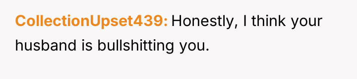 CollectionUpset439 Honestly, I think your husband is bullshitting you.