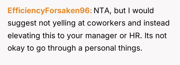 EfficiencyForsaken96 NTA, but I would suggest not yelling at coworkers...