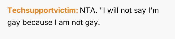 Techsupportvictim NTA. "I will not say I'm gay because I...