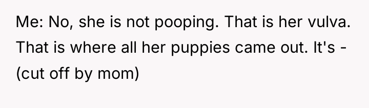 Me: No, she is not pooping. That is her vulva....