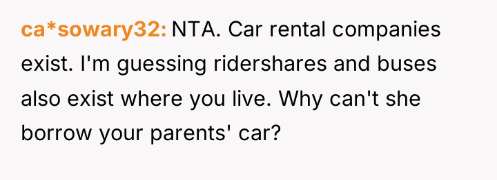 ca*sowary32 NTA. Car rental companies exist. I'm guessing ridershares and...