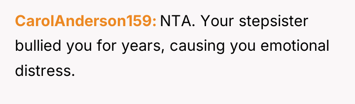 CarolAnderson159 NTA. Your stepsister bullied you for years, causing you...