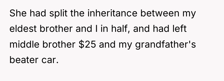 She had split the inheritance between my eldest brother and...