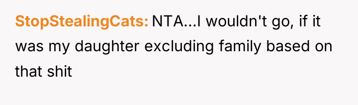 StopStealingCats NTA...I wouldn't go, if it was my daughter excluding...