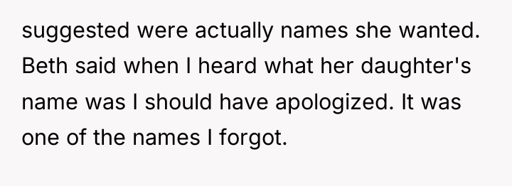 suggested were actually names she wanted. Beth said when I...