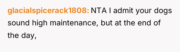 glacialspicerack1808 NTA I admit your dogs sound high maintenance, but...