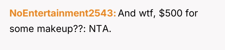 NoEntertainment2543 And wtf, $500 for some makeup??: NTA.