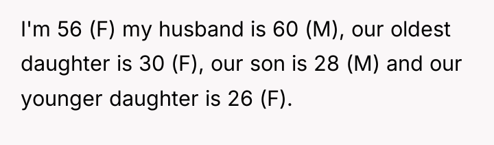 I'm 56 (F) my husband is 60 (M), our oldest...