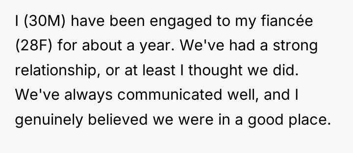 I (30M) have been engaged to my fiancée (28F) for...