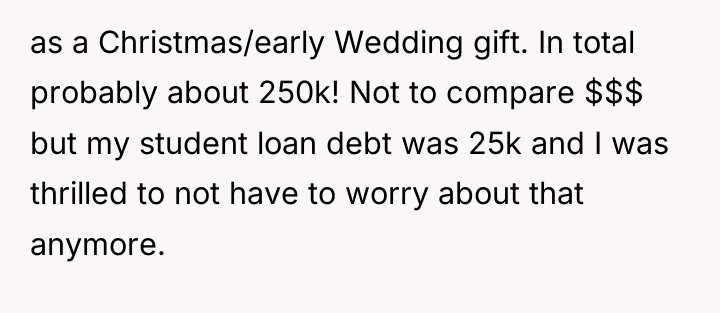 as a Christmas/early Wedding gift. In total probably about 250k!...